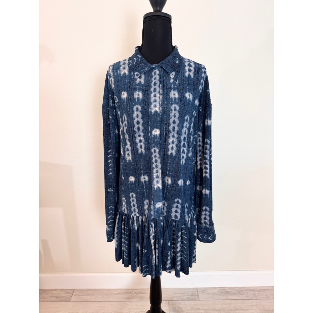 Norma Kamali Oversized Boyfriend Shirt Ruffle Bottom Blue Arrows‎ XXS drop waste
